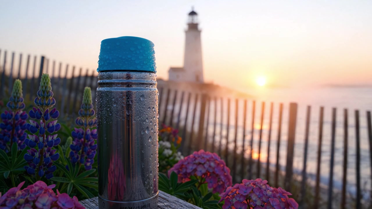 Una splendida scena all'alba con una borraccia thermos rugiadosa e bellissimi fiori in primo piano e un faro contro l'orizzonte dorato.