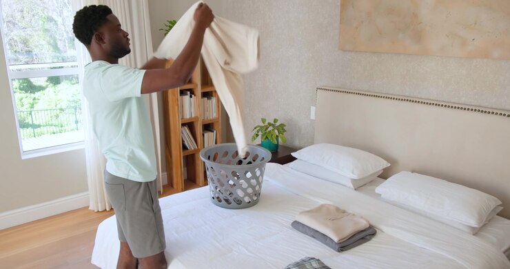 African American man in 20s lifting garments from gray basket, folding clothes on bed to organize