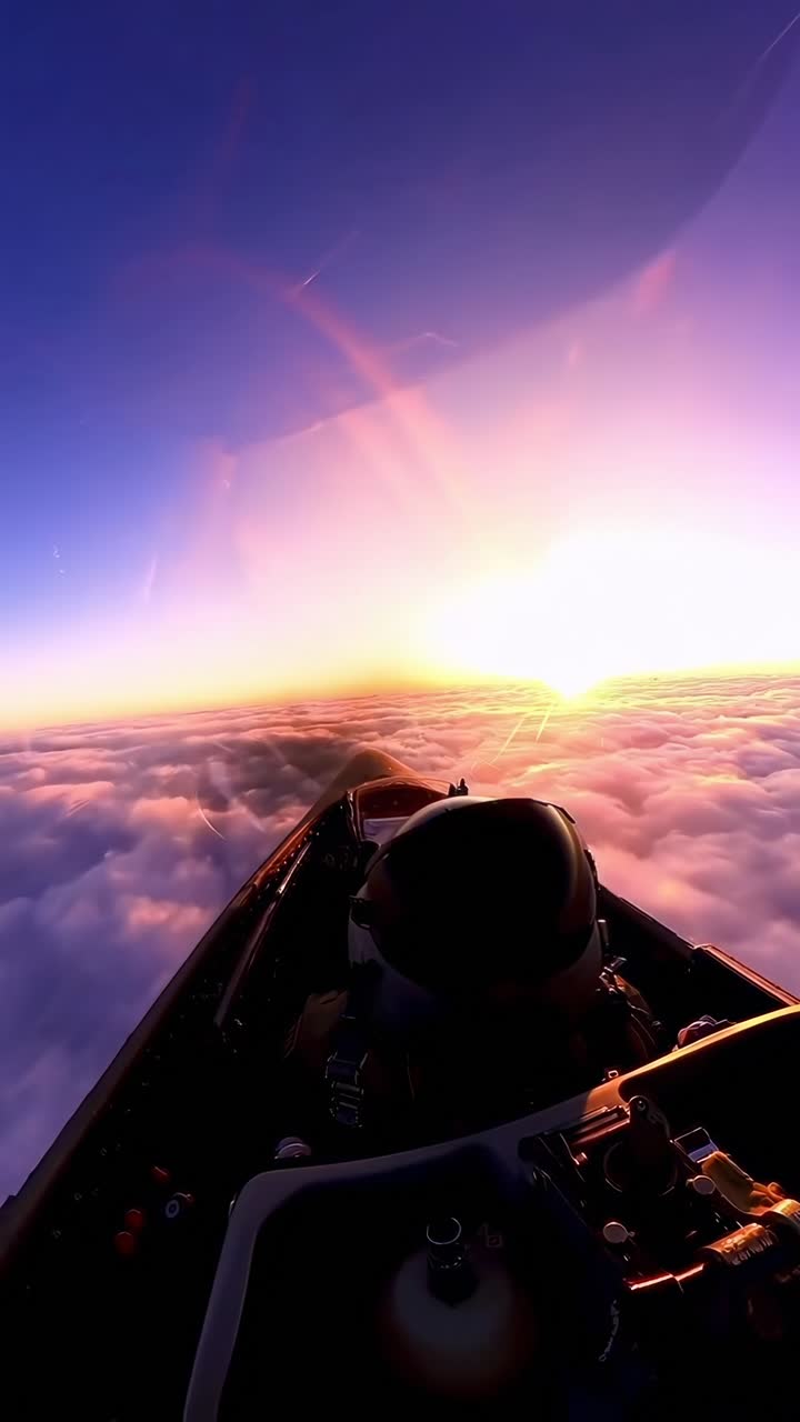 Luftvideo optaget fra cockpitvinkel, der fanger en pilot, der flyver over skyerne ved solnedgang.