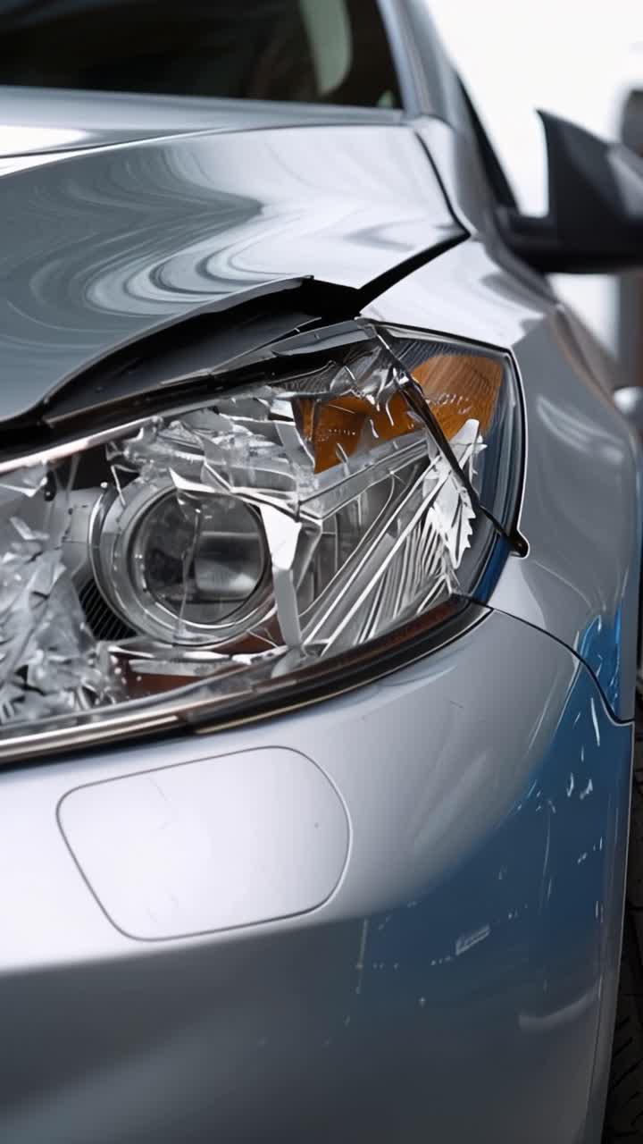 Damaged Vehicle with Broken Headlight Captured in an Urban Environment Showing the Aftermath of an Accident with Nearby Traffic