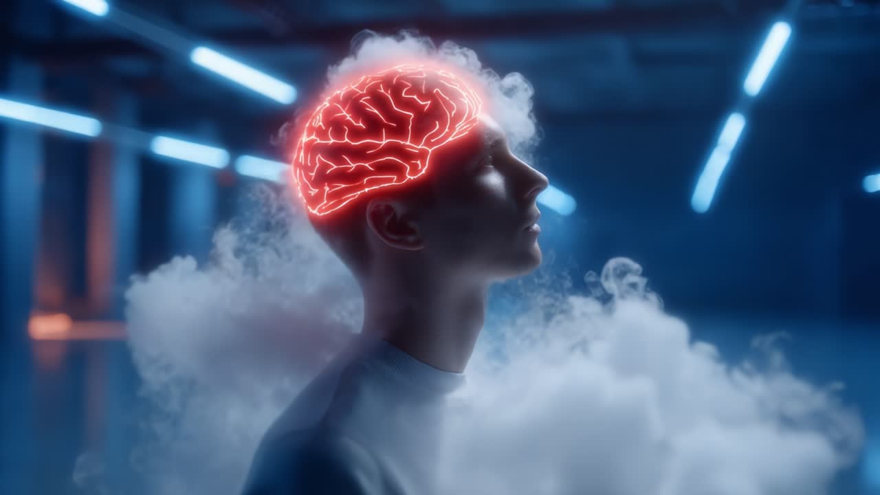 A Unique Conceptual Visualization of the Human Brain Surrounded by Ethereal Clouds, Emphasizing the Connection Between Thought and Imagination in a Futuristic Setting