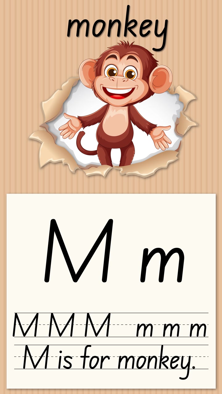 Video educativo animato insegna ai bambini la lettera M usando una scimmia allegra e un esercizio di calligrafia