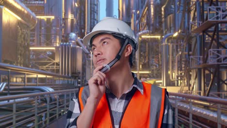 close up of asian male engineer with safety helmet thinking about something and looking around while standing at a vast oil refinery