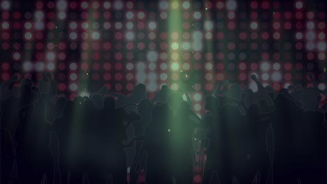 animation of dancing crowd with red and orange spotlights and confetti