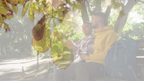 compuesto de felices amigos varones biraciales hablando en el banco, y la luz del sol en las hojas