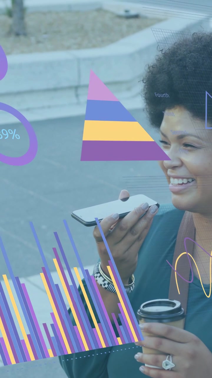 Vertical video: Woman speaking into phone showing tech data rings and bars sliding left over her