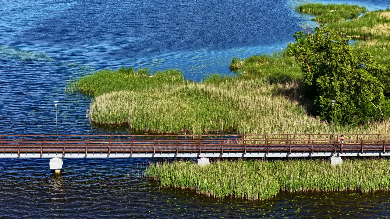 Woman alone on Širvėnai Lake boardwalk trail in aerial view, Lithuania