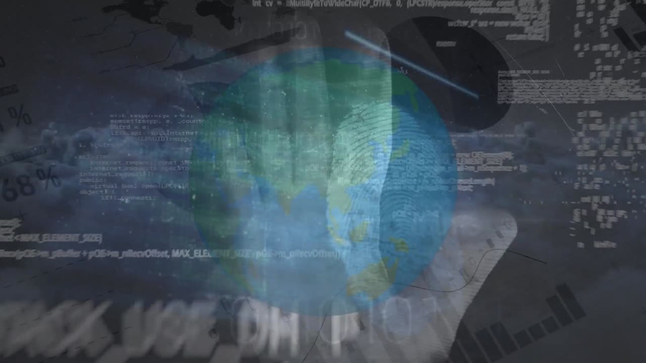animación del procesamiento de datos sobre el globo y la mano