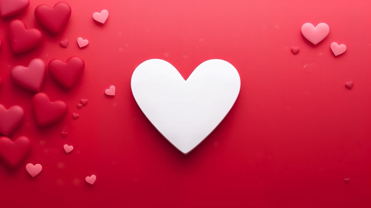 Luce mutevole che crea cuori 3D a sinistra che si spostano su uno studio rosso che mostra un grande cuore bianco in movimento al centro