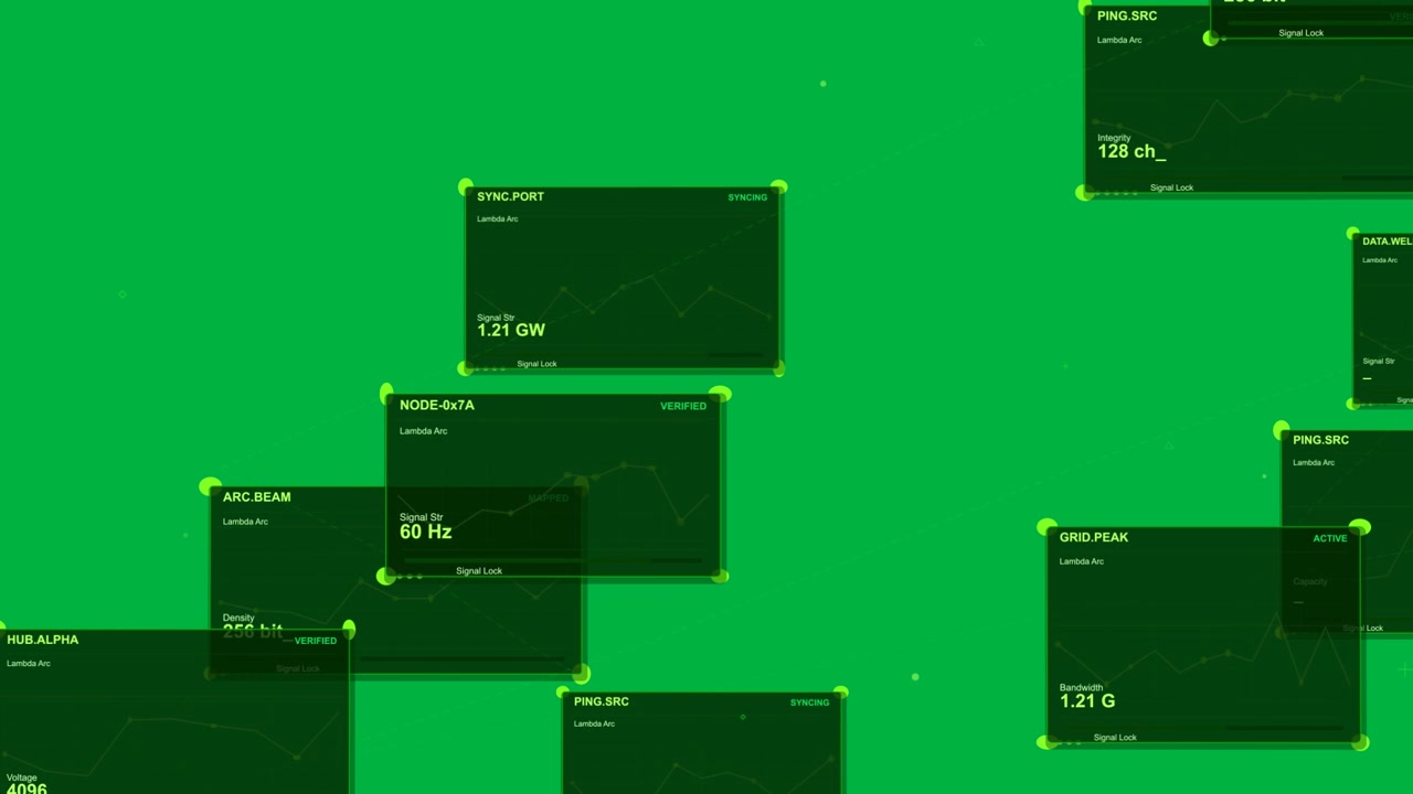 Trattino diagonale iniziale, pannelli HUD che scorrono, si raggruppano e aggiornano le metriche per una mappa di rete su sfondo chiaro.