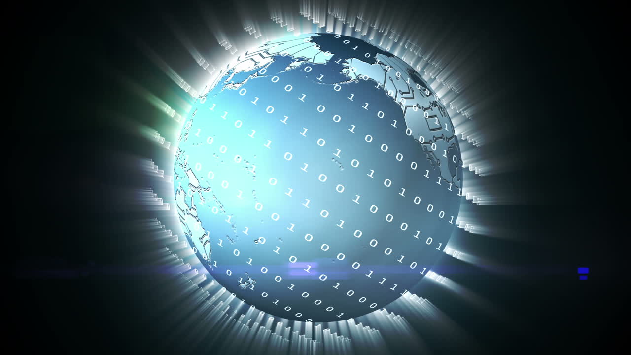 이진 코드로 회전하는 파란 지구 그래픽