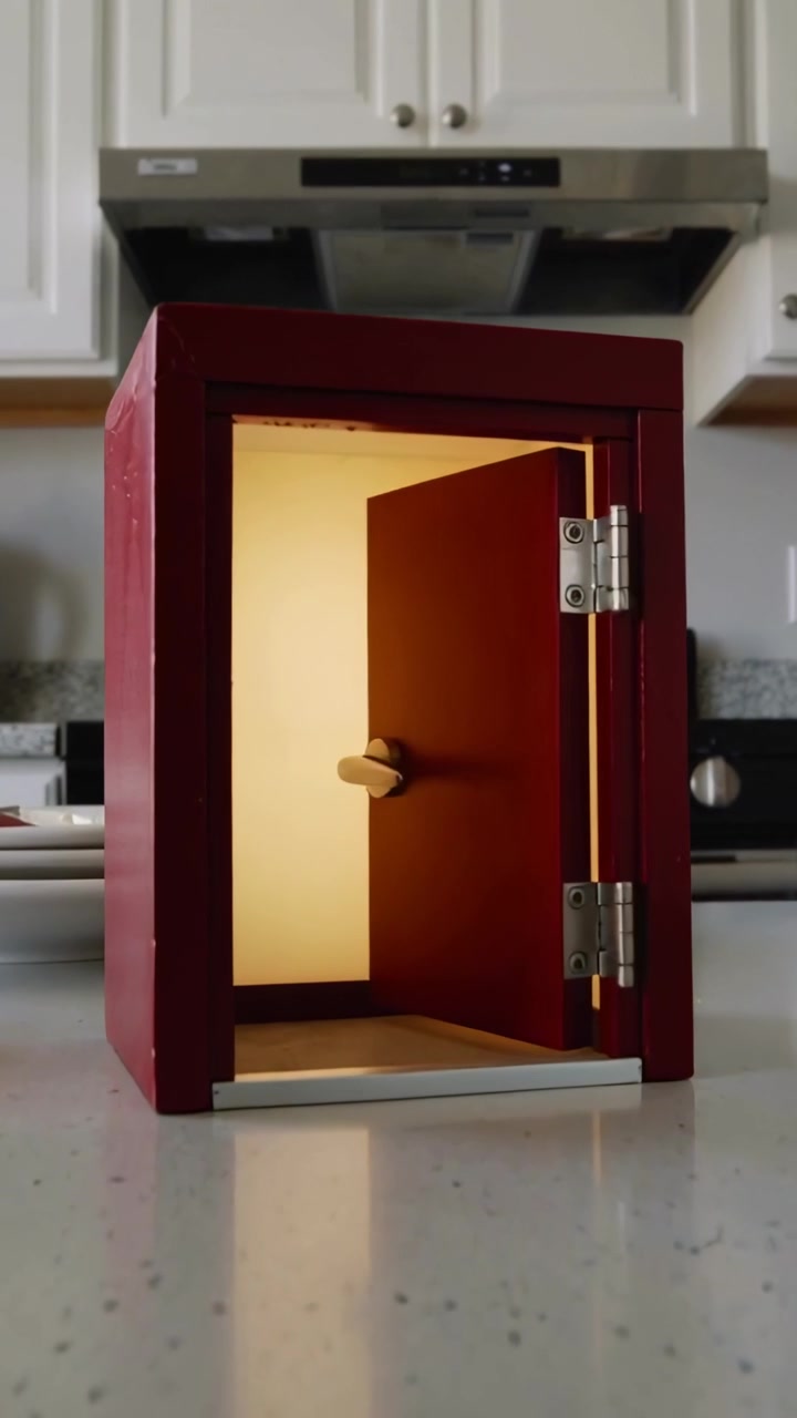 Video verticale: Apertura di un armadietto rosso che rivela un interno illuminato caldamente con una manopola interna sul piano di lavoro della cucina.