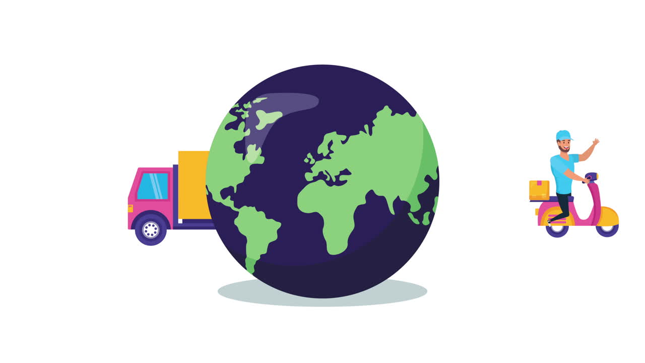 지구 행성과 트럭을 가진 오토바이에서 물류 배달 노동자