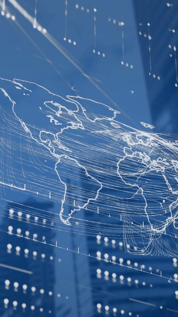 A view of an office building on a sunny day, with a digital animation of a white dashboard with data
