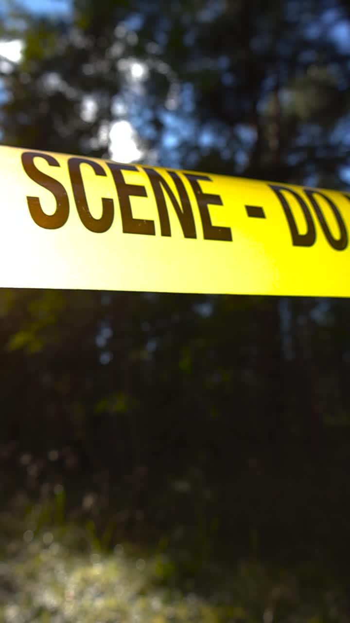 Close up view of a yellow colored Police investigation Crime Scene tape pulled infront of a bokeh blurry forest area with shallow depth of field. Sunlight backlighting the police ribbon nicely