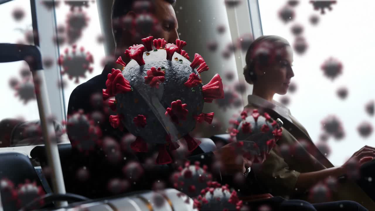 animación de células macro covid-19 flotantes sobre dos personas caucásicas que usan teléfonos inteligentes