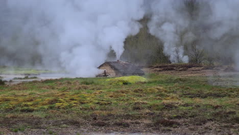 hot vapor from ground in geothermal area of iceland