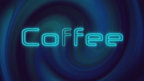 Animation-of-neon-blue-coffee-text-banner-over-blue-digital-waves-spinning-against-black-background