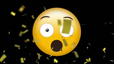 Animation-of-gold-confetti-falling-over-surprised-emoji-on-black-background