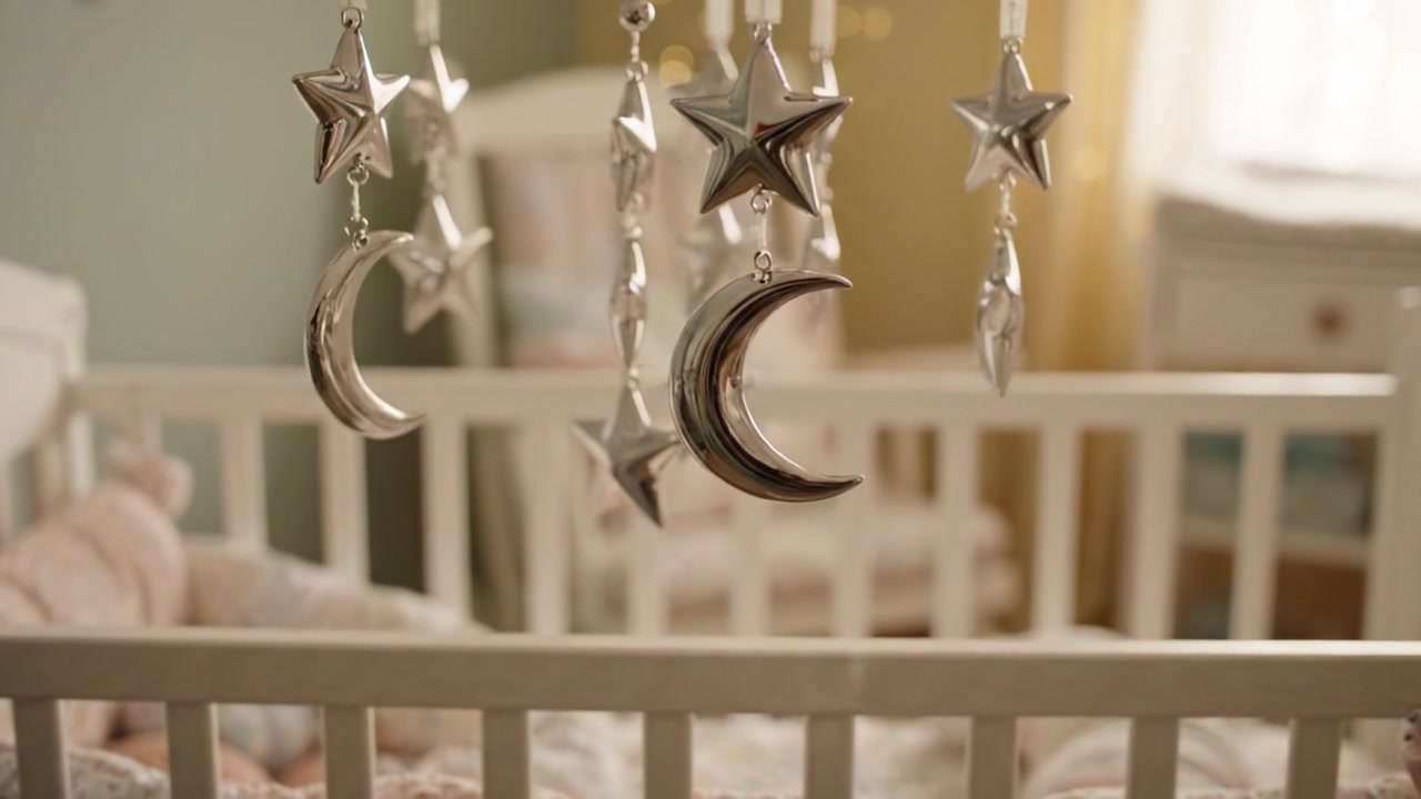 A Serene Nursery Scene Featuring Silver Stars and Moons Hanging from a Mobile, Creating a Dreamy Atmosphere for a Baby's Restful Sleep in a Cozy Crib