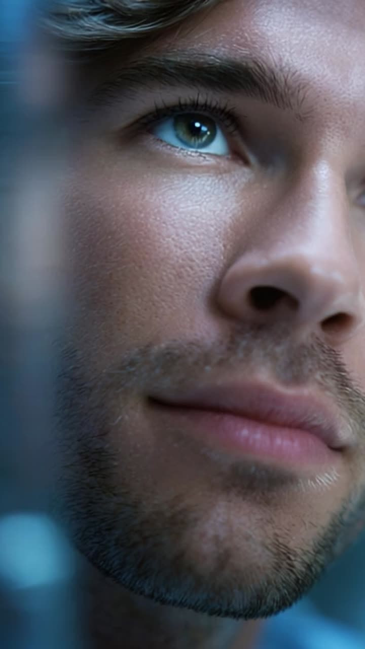 Close Up Portrait of a Young Man with Thoughtful Expression and Intense Eyes, Capturing a Moment of Reflection and Contemplation in Soft Lighting