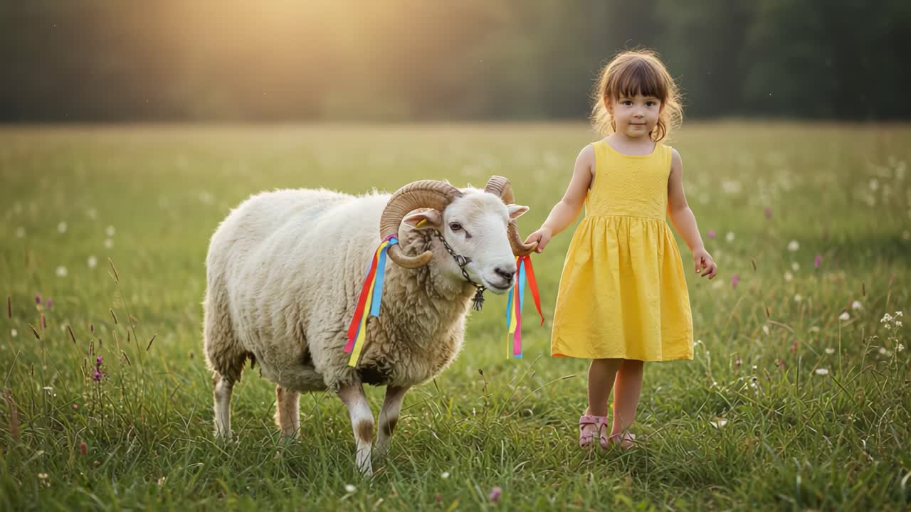 Una scena incantevole di una giovane ragazza in abito giallo che cammina gioiosamente con il suo adorabile amico pecora in un bellissimo prato baciato dal sole.