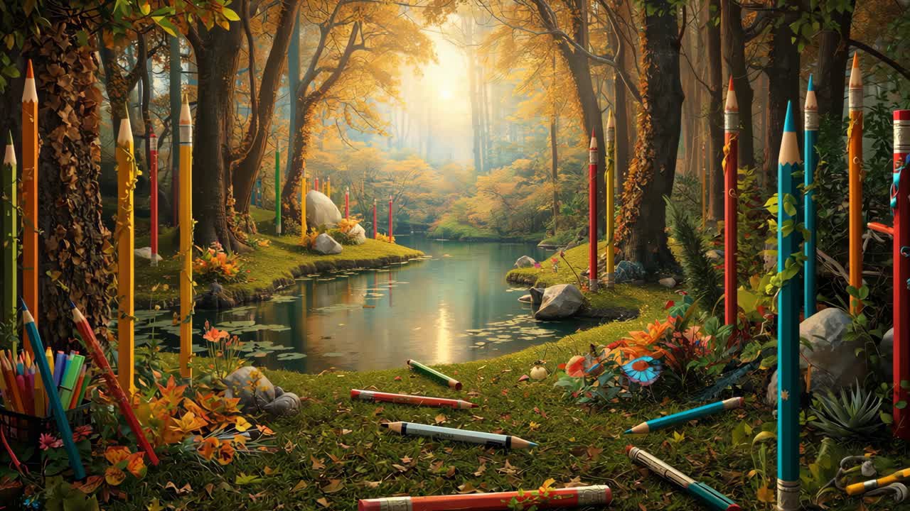 Colorful pencils in an autumn forest by a tranquil pond