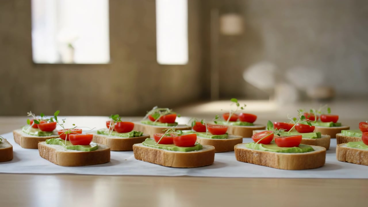 Tartine aperte assortite per antipasto con formaggio spalmabile, fette di pomodoro ed erbe fresche disposte su un tavolo in una luce interna soffusa, con diversi snack raggruppati