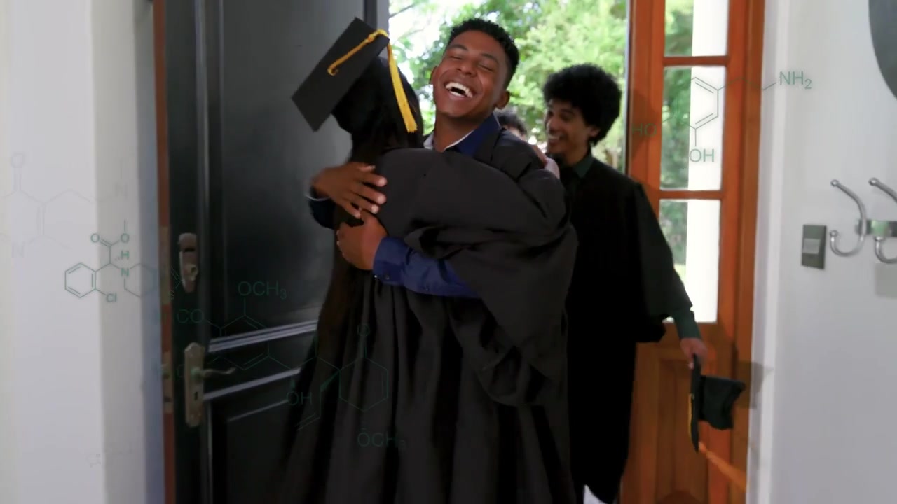 Grads entering open door hugging fixing caps celebrating graduation while chemical overlay hovering