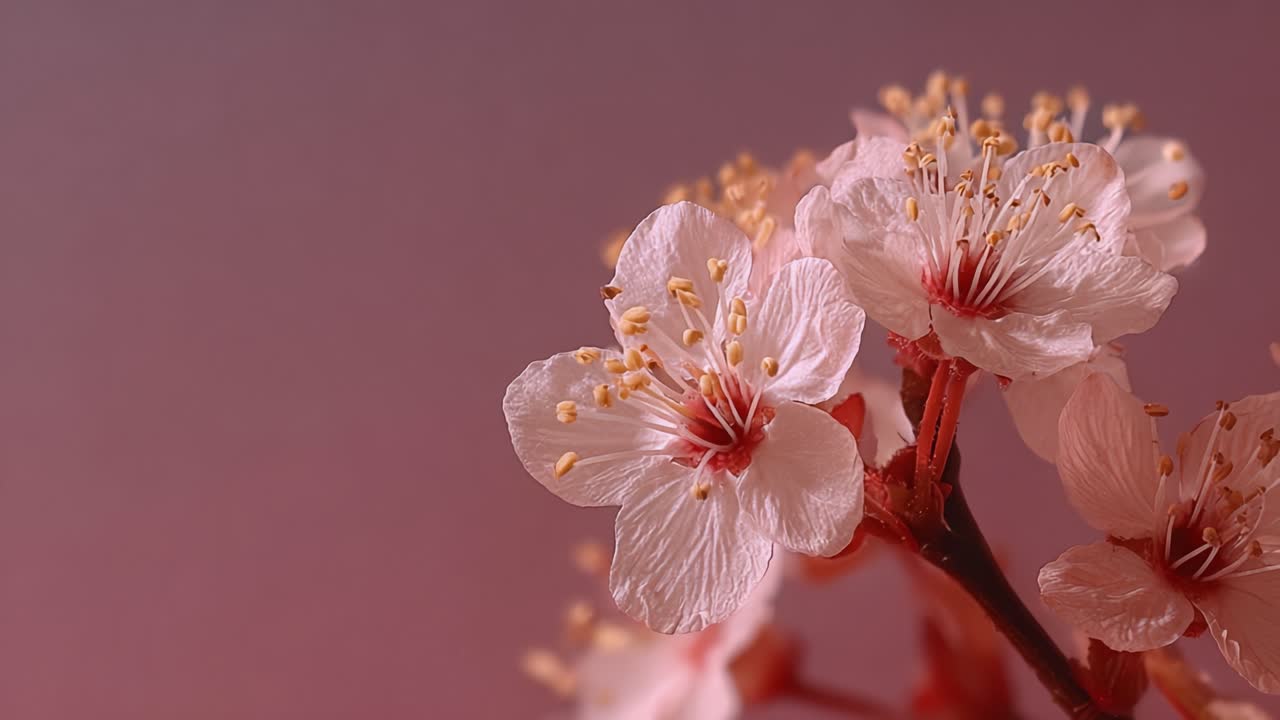 Delicati fiori di ciliegio in piena fioritura, che mostrano i loro petali rosa tenue e dettagli intricati su uno sfondo delicato