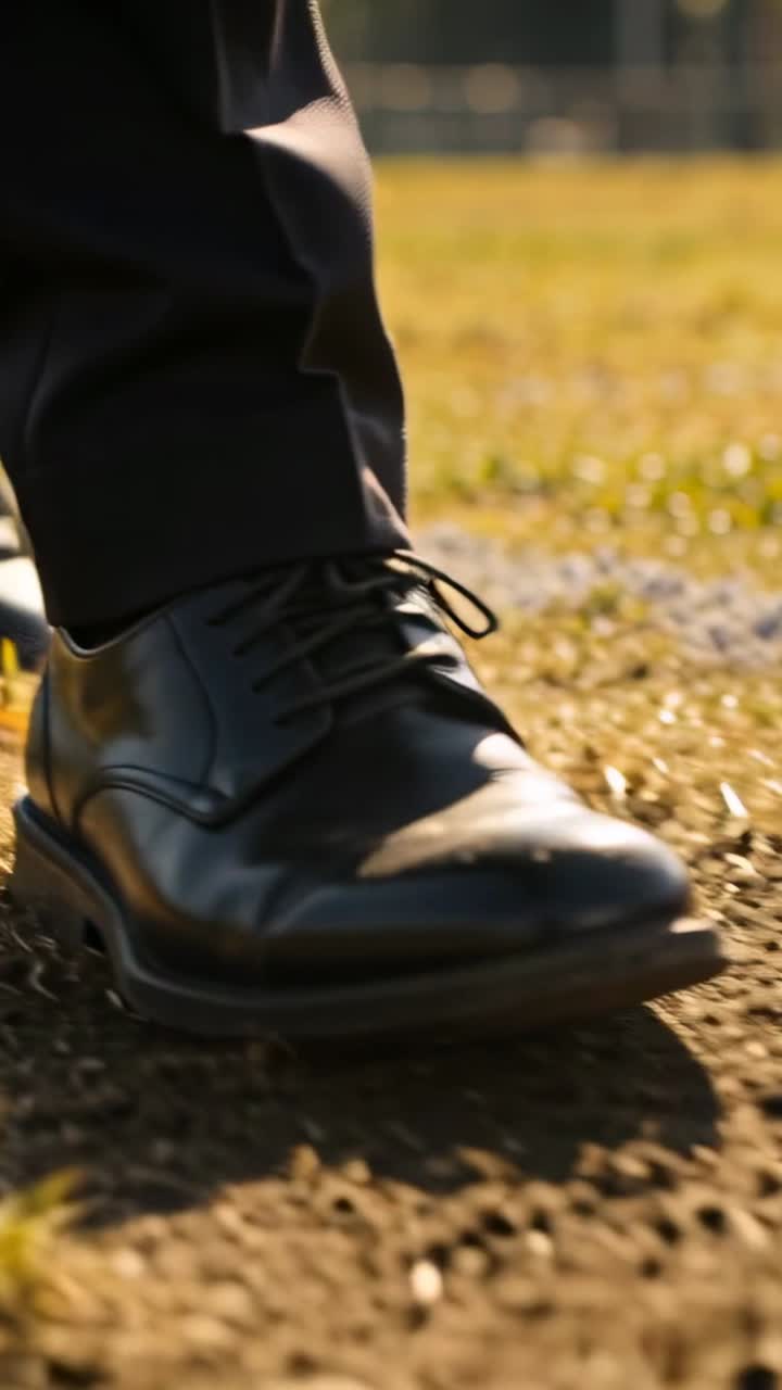 Dikey video: Takım elbiseli, siyah ayakkabılı bir adam yürüyor, topukları yerden kesiliyor ve bir alanı geçerken çimleri tekmeliyor.