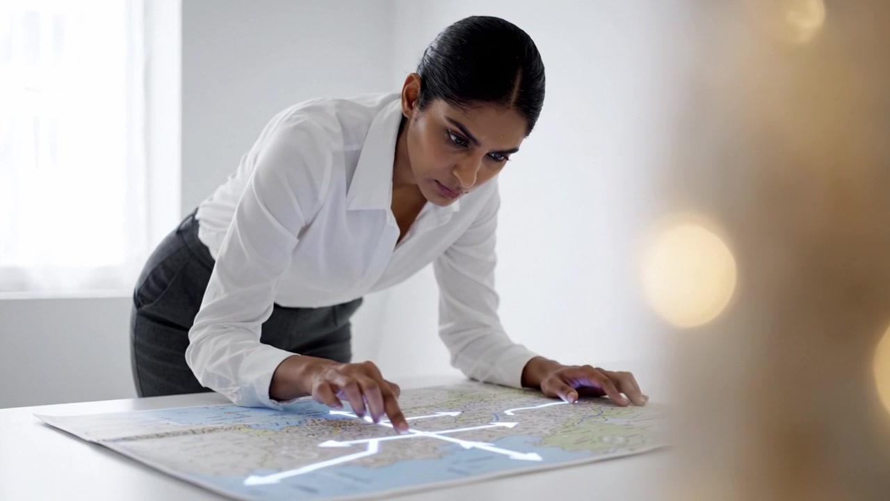 Focused Individual Analyzing Detailed Map Information on a Table with Interactive Elements, Demonstrating Planning or Research Strategies in a Modern Setting