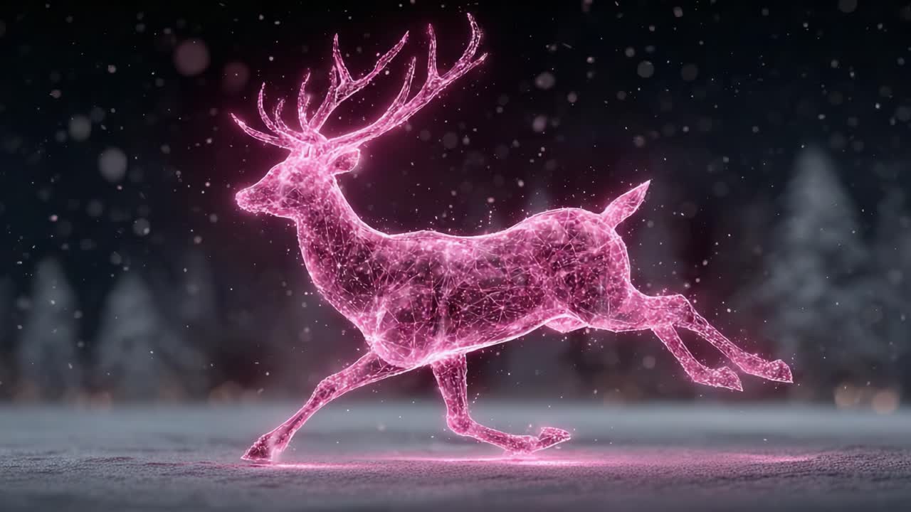 A Majestic Glowing Deer in Motion: Capturing the Enchanting Beauty and Grace of a Pink-Hued, Ethereal Stag Running Through a Snowfall Landscape