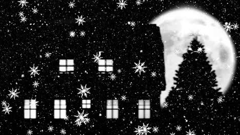 Animation-Von-Schneeflocken,-Die-Nachts-Bei-Vollmond-über-Beleuchtete-Fenster-Und-Einen-Weihnachtsbaum-Fallen