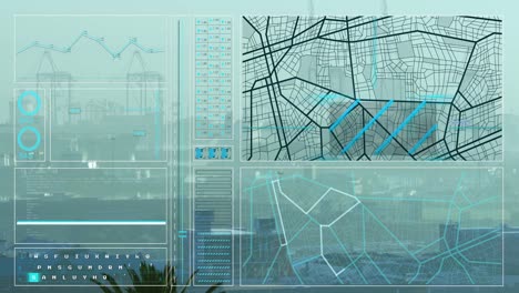 Animation-of-interface-with-data-processing-against-aerial-view-of-cityscape