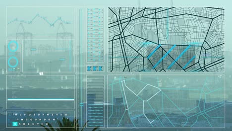 animación de la interfaz con el procesamiento de datos frente a una vista aérea del paisaje urbano