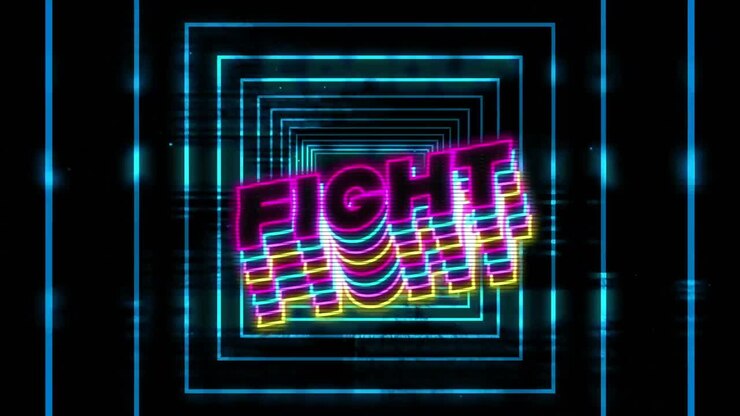 Testo "fight" al neon con effetto ombra su quadrati al neon in movimento continuo su sfondo nero.