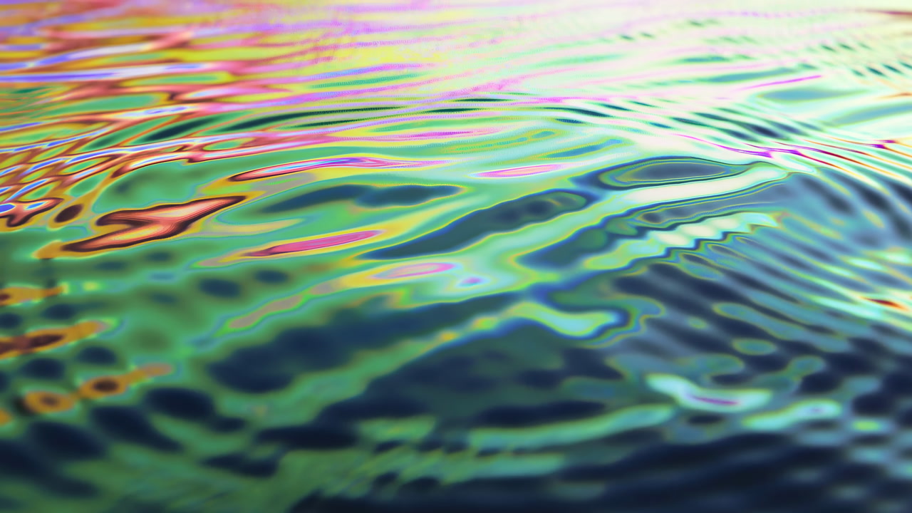 Iridescent Water Ripples Shimmering With Color, Closeup Liquid Surface Reflecting Prism Hues And Soft Waves,