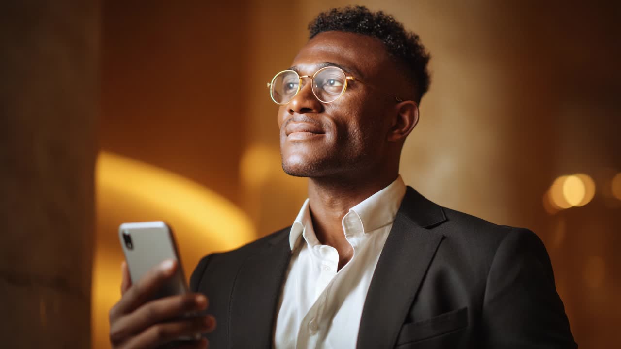 A confident man in a black suit and glasses stands with a smartphone in his hand, looking hopeful and pleased in a warm, elegant setting that enhances the atmosphere of success and achievement