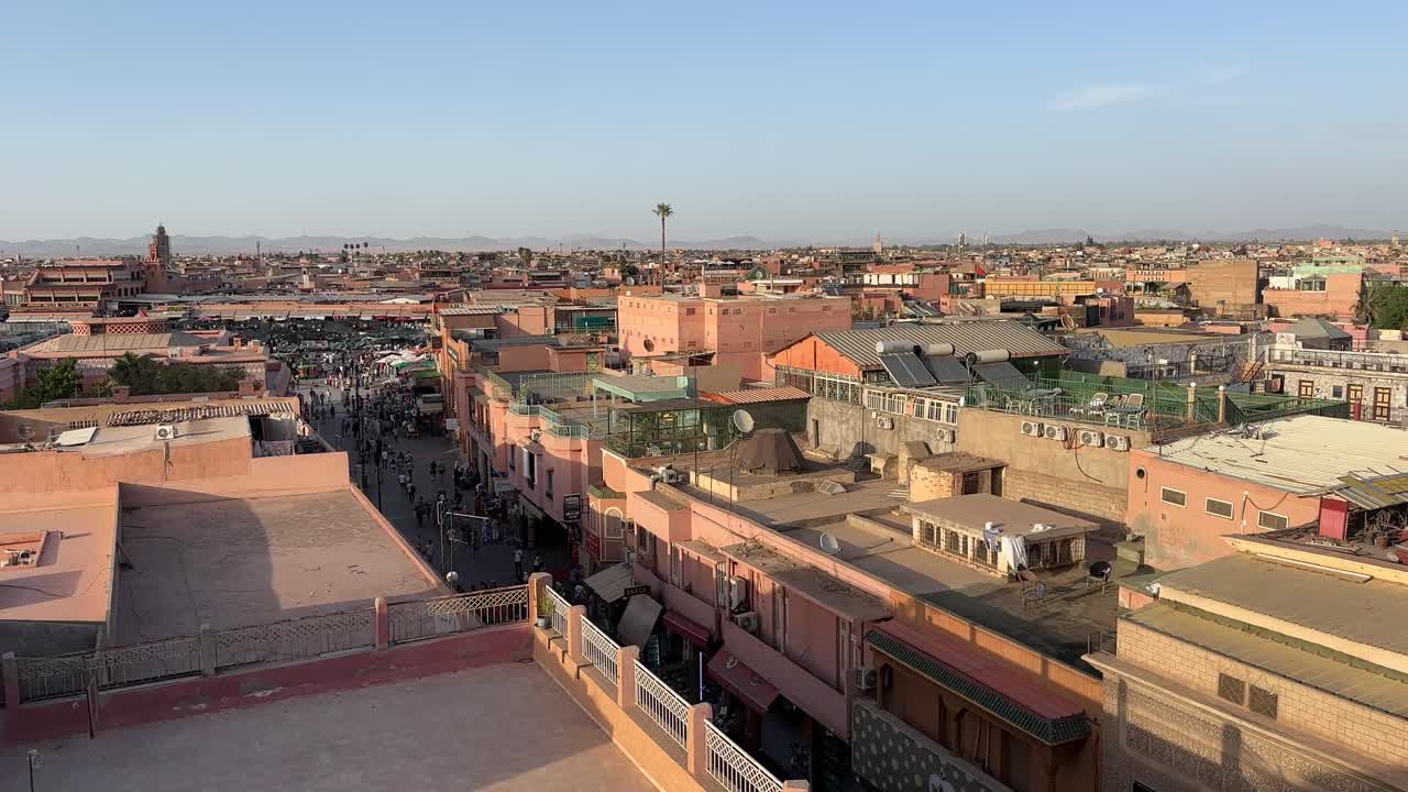 Early morning sunrise over Marrakech streets Medina rooftops Morocco scenic city view North Africa