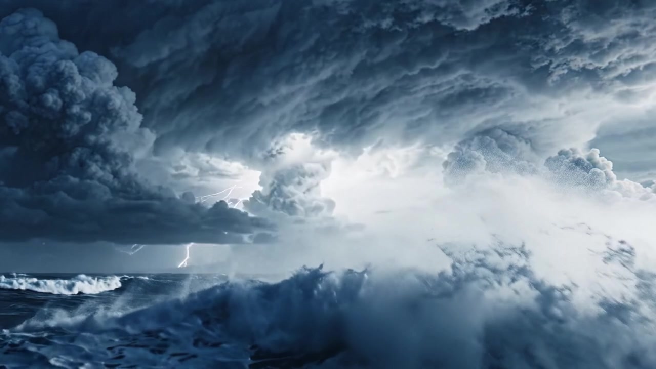 Una transformación dramática del océano: de olas tranquilas a una atmósfera tormentosa llena de relámpagos y nubes intensas sobre el mar oscuro.