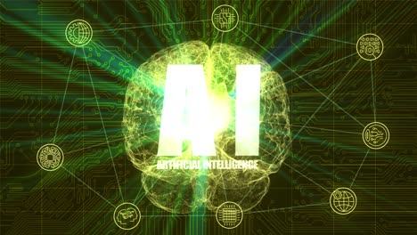 animación de gráficos de movimiento vfx de alta calidad que representa tecnología emergente en la inteligencia artificial ai, con cerebro de partículas giratorias, símbolos y diseño de plexo abstracto, en esquema de color amarillo
