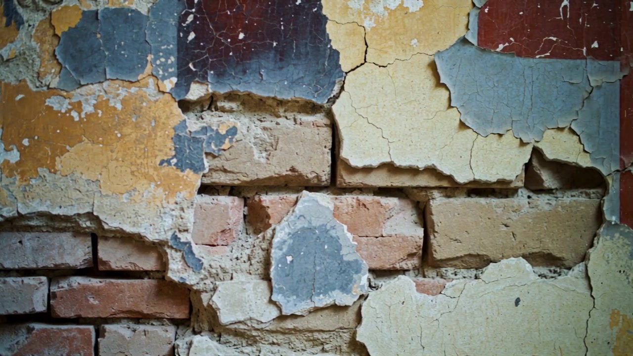 Camera shifting right and down, revealing plaster wall decay in abandoned room, exposing red bricks