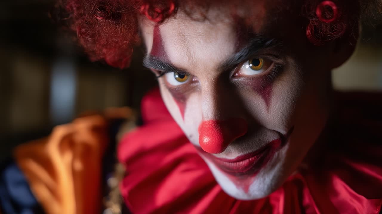 A Mysterious Clown's Intense Gaze: Capturing the Eerie Allure of a Colorful Performer in a Dramatic Close-Up Shot, Revealing Intriguing Details and Expression