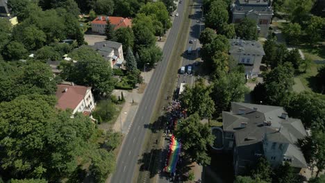 aerial view of a pride parade