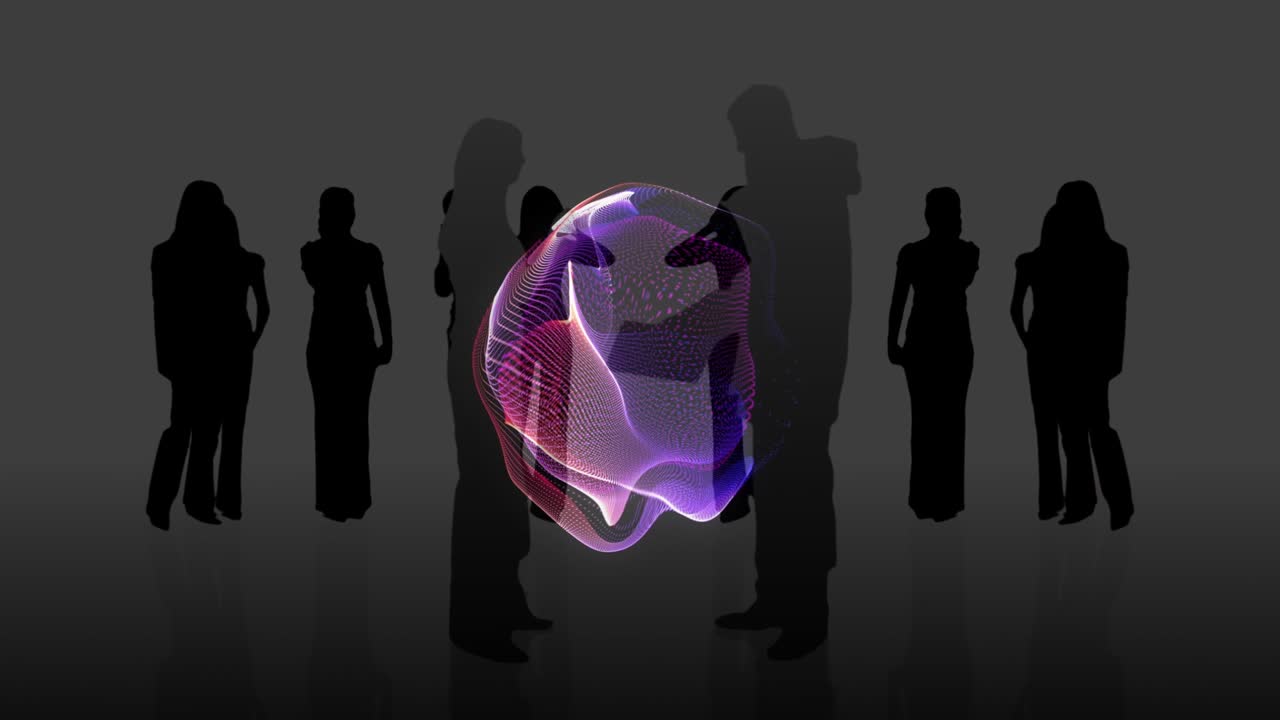 Orb appearing pulsing, expanding and rotating while silhouetted colleagues watching, drawing focus