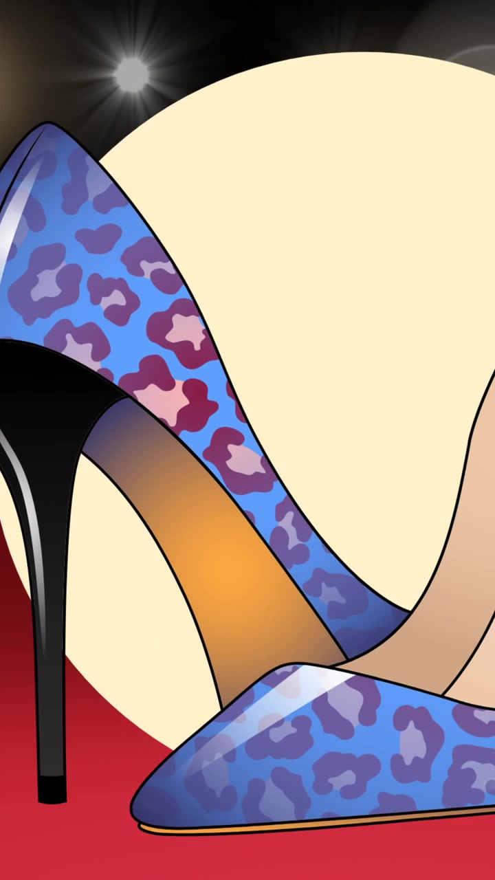 Animation eines Schuhsymbols auf rotem Teppich bei einer Modenschau, auf schwarzem Hintergrund