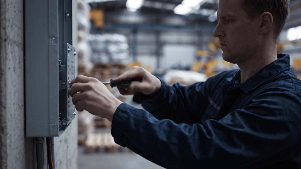 Un operaio industriale che esegue manutenzione su apparecchiature elettriche in un ambiente di magazzino, garantendo sicurezza ed efficienza nelle operazioni
