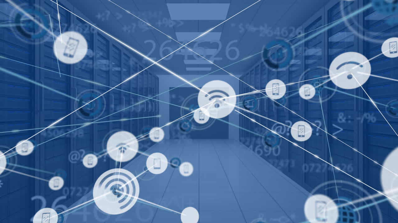 animación de la red de conexiones con iconos digitales a través de servidores informáticos