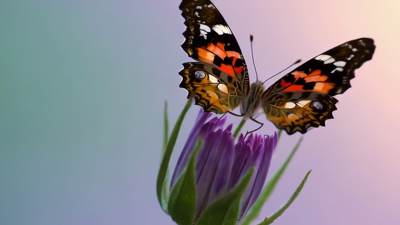 Nahaufnahme eines Schmetterlings auf einer lila Blütenknospe